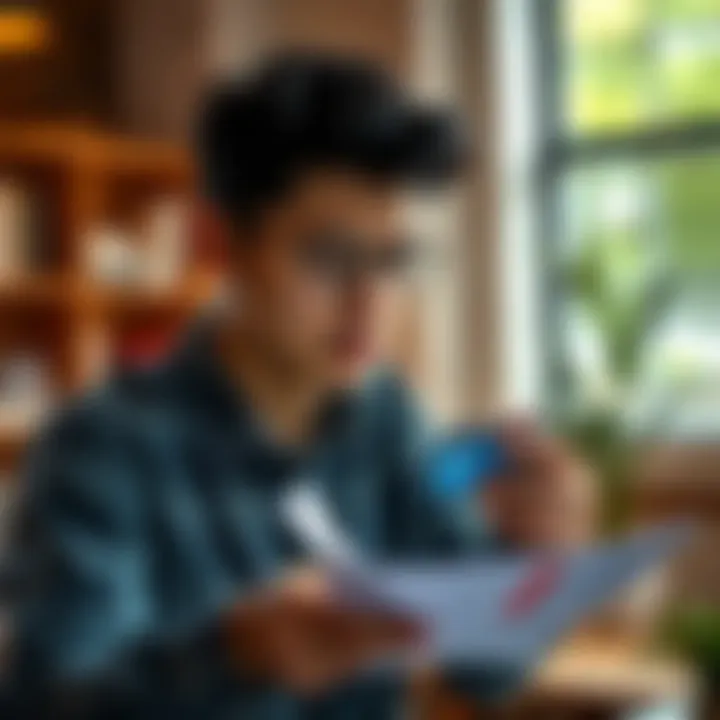 A young individual reviewing financial documents with a prepaid Visa card