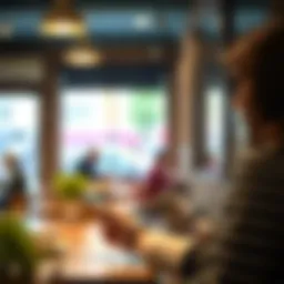 A traveler using Apple Pay at a cafe abroad