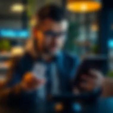 A financial expert analyzing credit card features on a digital tablet