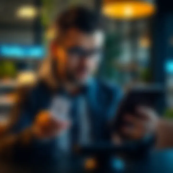 A financial expert analyzing credit card features on a digital tablet