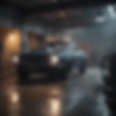 A car in a garage during a storm