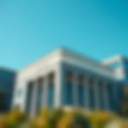 A modern bank building with a clear blue sky