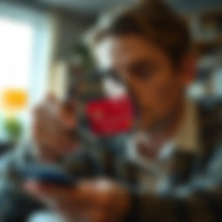 A person analyzing credit card features with a magnifying glass