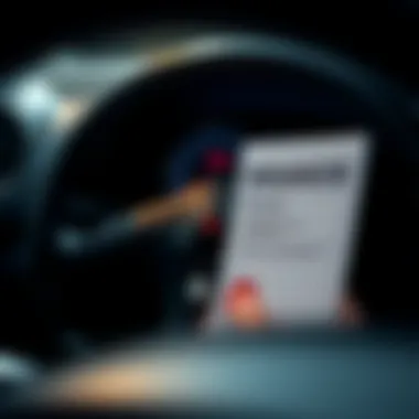 A close-up of a car dashboard with an insurance policy card displayed