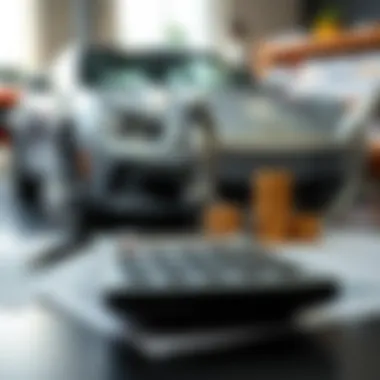 A calculator and financial reports on a desk with a car in the background