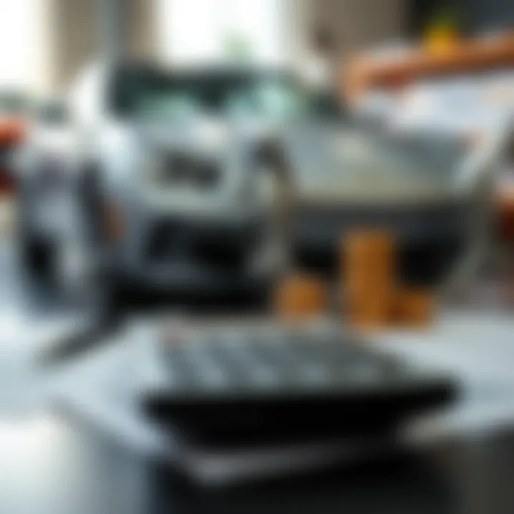 A calculator and financial reports on a desk with a car in the background