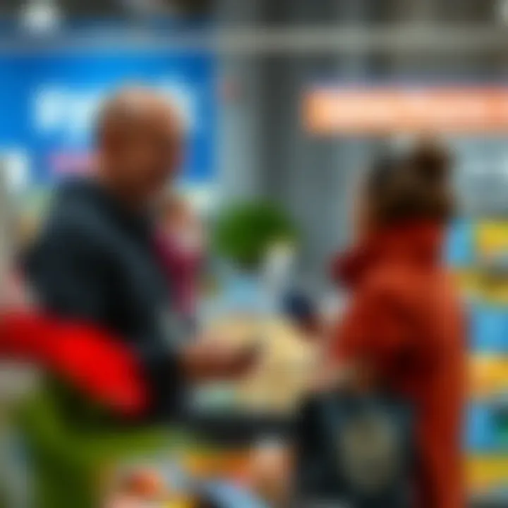 Customer engaging with store representative about credit card benefits