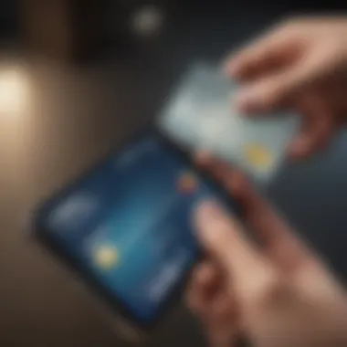 A close-up view of a prepaid card with a smartphone displaying a financial app.