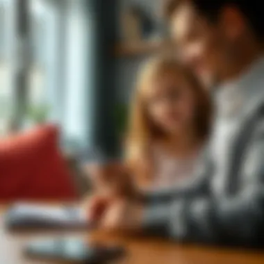 A father teaching his daughter about credit card usage.