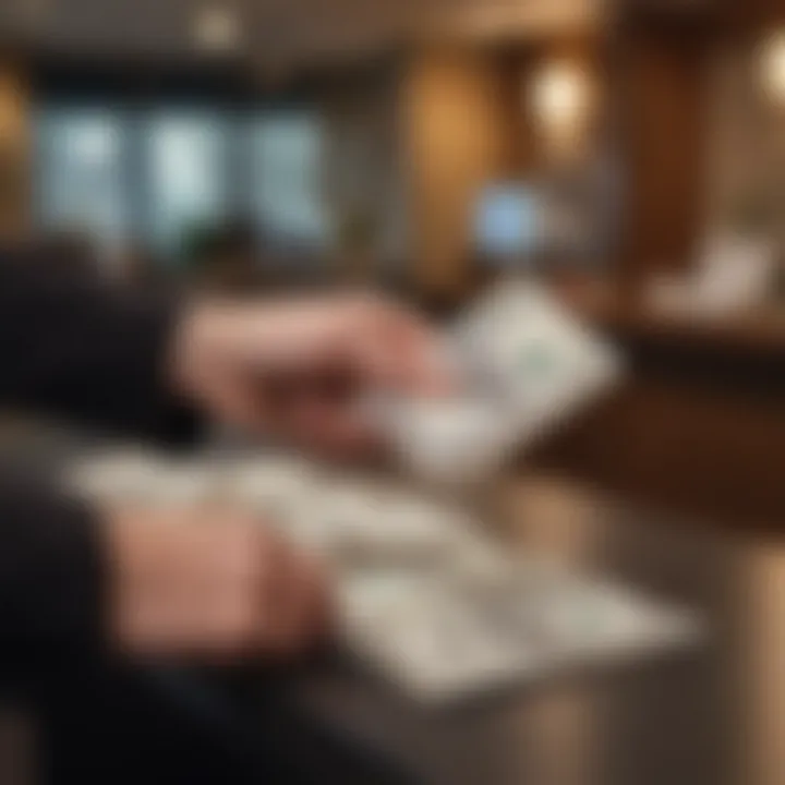 Close-up of cash being exchanged at a hotel reception, symbolizing direct payment options.