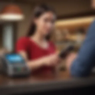 A traveler making a payment at the hotel front desk using a digital wallet on a smartphone.