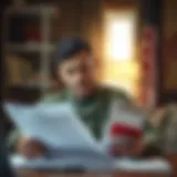 A military service member reviewing financial documents