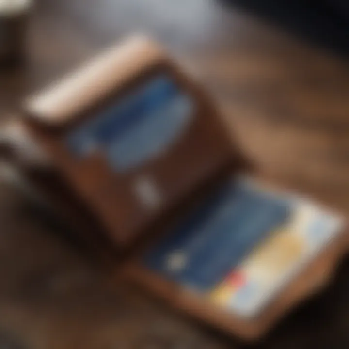 Close-up of a travel wallet displaying multiple credit cards