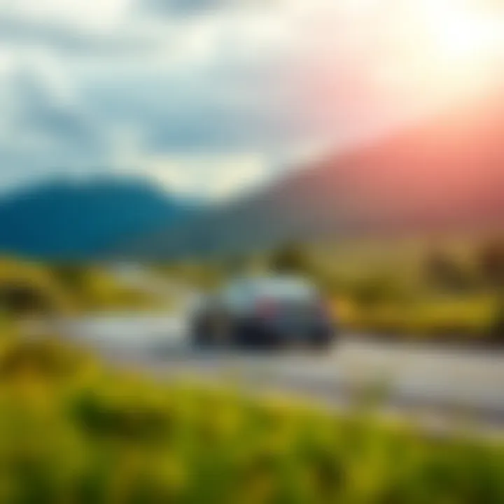 A car on a scenic road representing safe driving habits