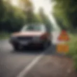 A car parked alongside a road with a warning sign about driving uninsured.