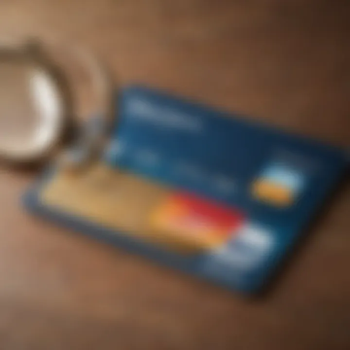 Close-up of a credit card with a magnifying glass highlighting terms and conditions.