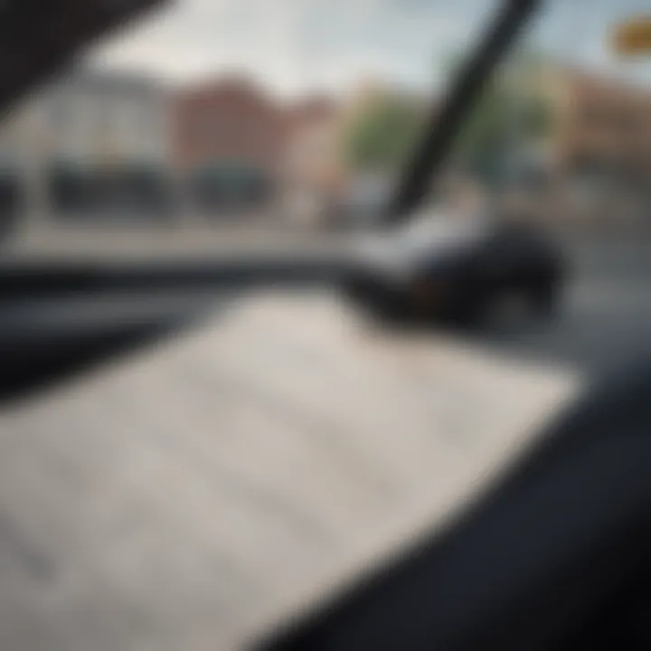 A close-up view of a traffic ticket on a dashboard